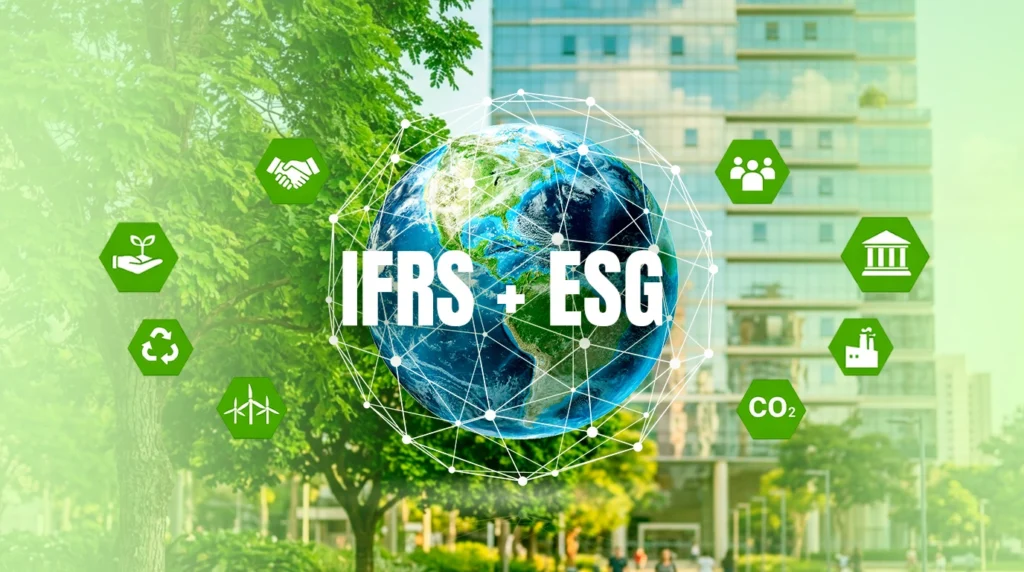 Globo terrestre digital representando a integração de normas IFRS e sustentabilidade ESG na contabilidade