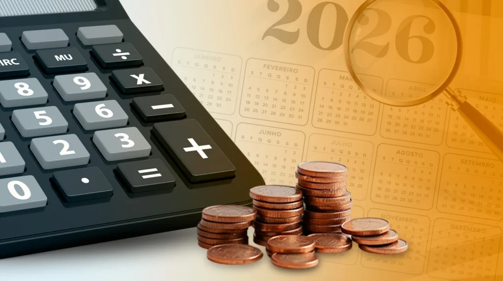 Guia visual de calendário fiscal e calculadora para planejamento de impostos em 2026