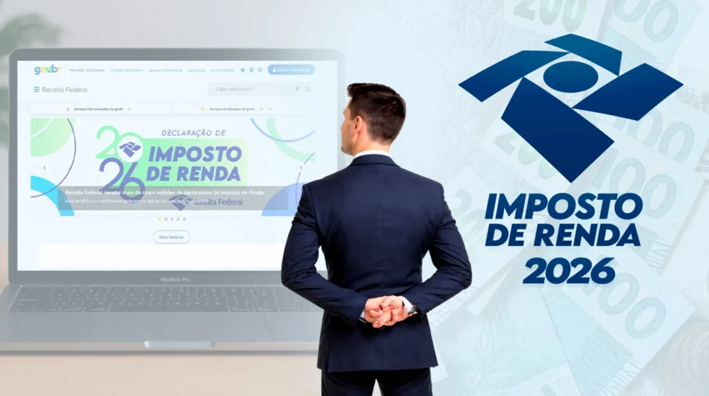 Homem observando painel digital sobre novas regras e cashback do Imposto de Renda 2026