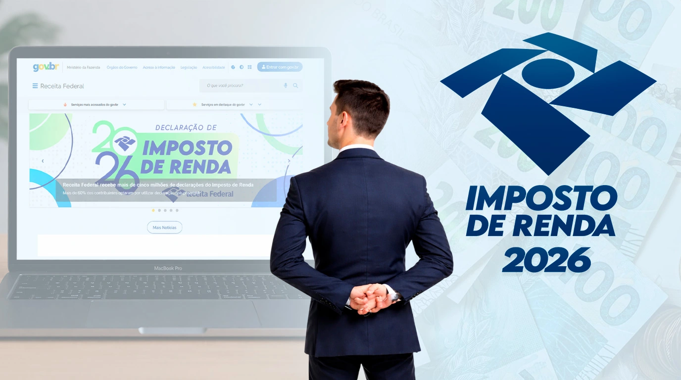 Homem observando painel digital sobre novas regras e cashback do Imposto de Renda 2026
