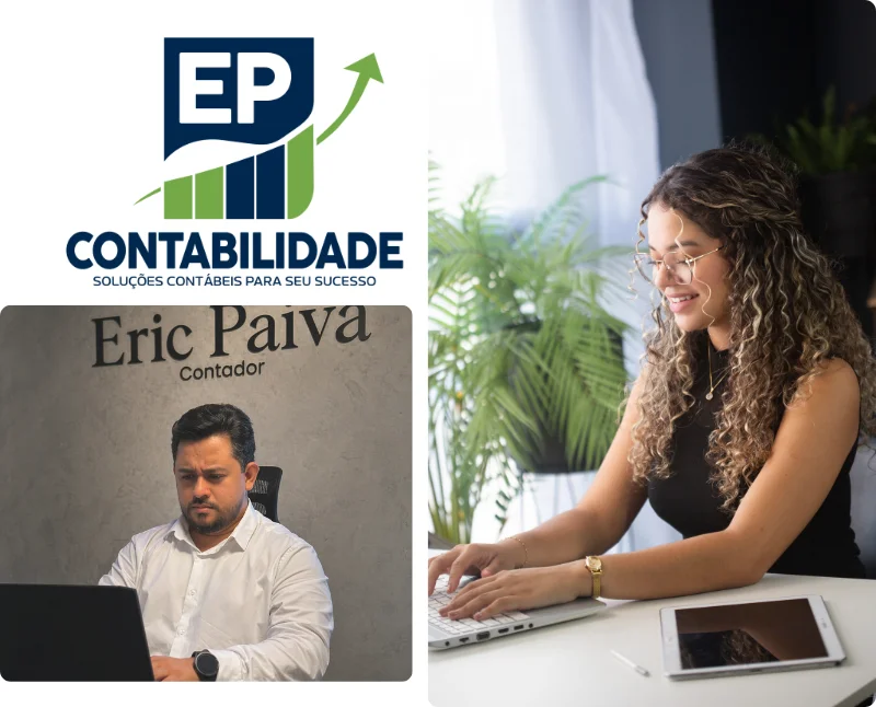 Logotipo da EP Contabilidade, foto do contador Eric Paiva e colaboradora em atendimento, representando a expertise em Contabilidade em Belém.