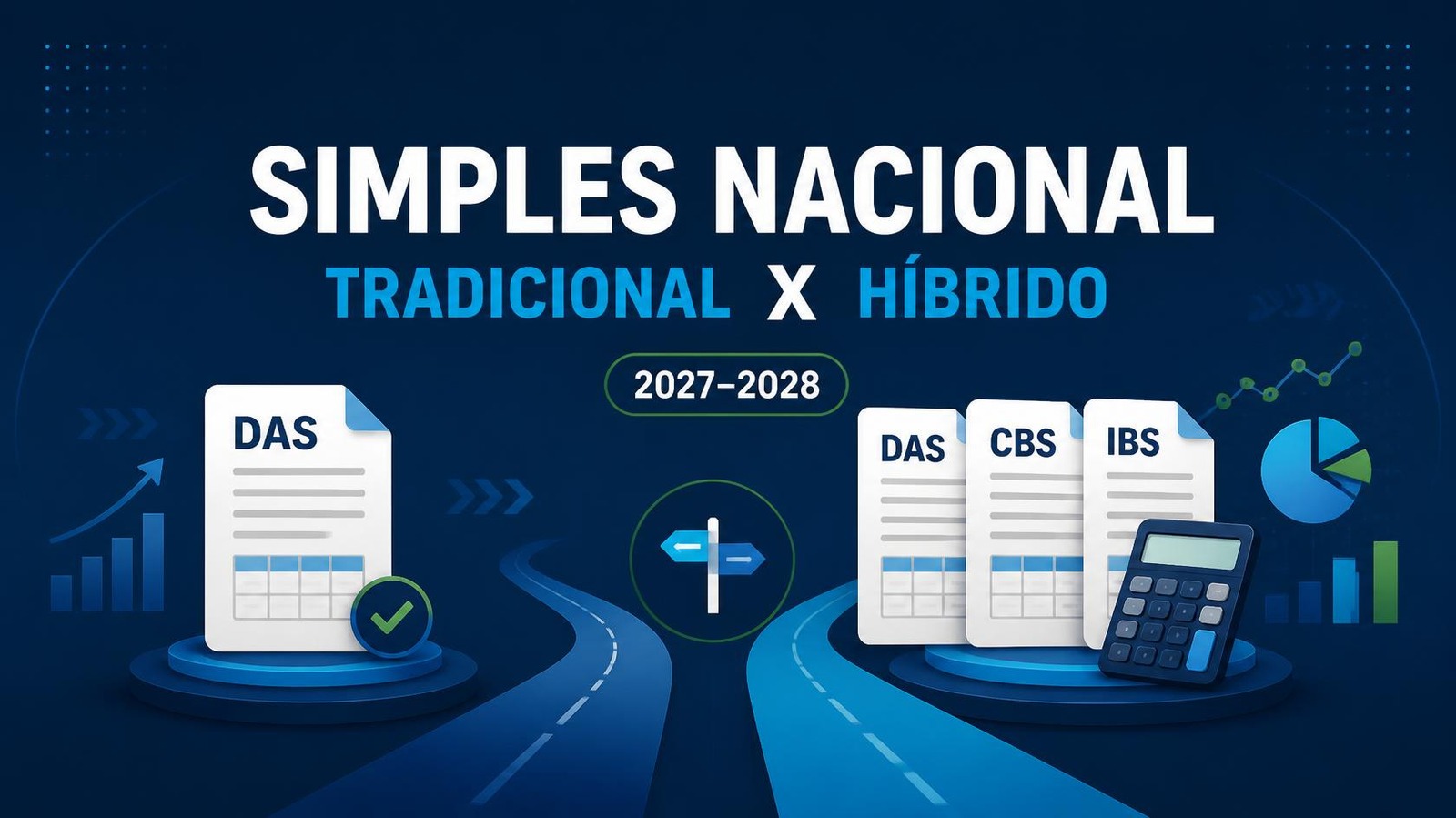 Simples Nacional tradicional x híbrido em 2027 e 2028: ilustração do DAS unificado e da apuração separada de DAS, CBS e IBS.